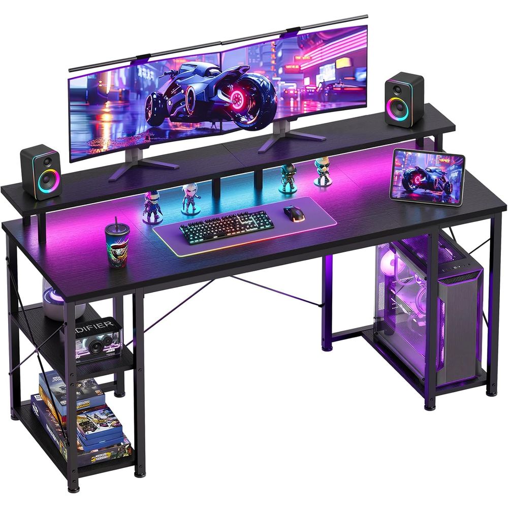 Desk Setup L Shaped - 55 LED-lit Gaming Desk with Storage