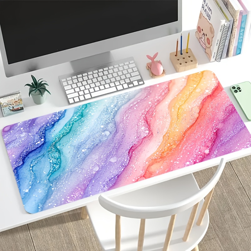 Desk Setup For Office - Vibrant Rainbow Glitter Marble Large Mouse