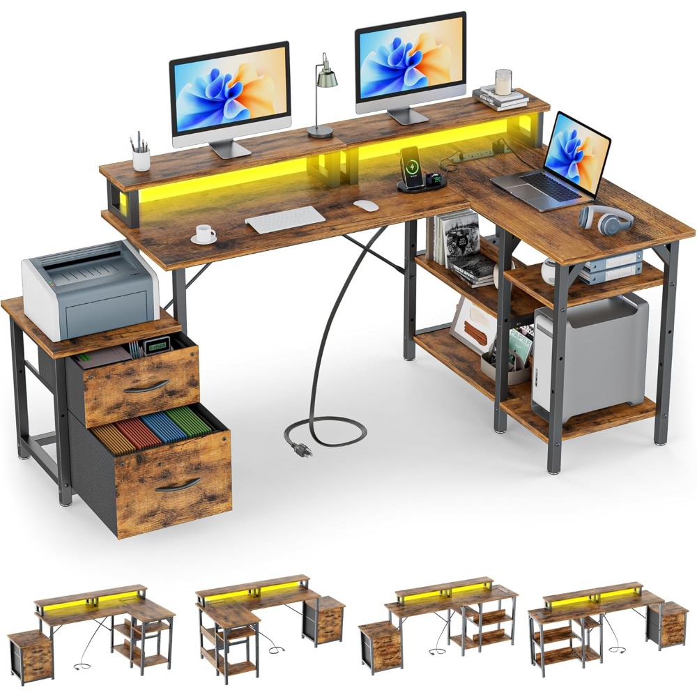 Desk Setup L Shaped - Office Desk with File Drawers&Power Outlet,Reversible